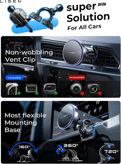 LISEN 15W MagSafe Car Mount Charger,[Carbon Fiber] Magnetic Wireless Car Charger, Dashboard & Air Vent Car Phone Mounts, Magnetic Phone Holder for Car Mount for iPhone 17/16/15/14/13/12, Samsung Pixel | Carbon Fiber 15W Magsafe Car Mount Charger, 2 in ...