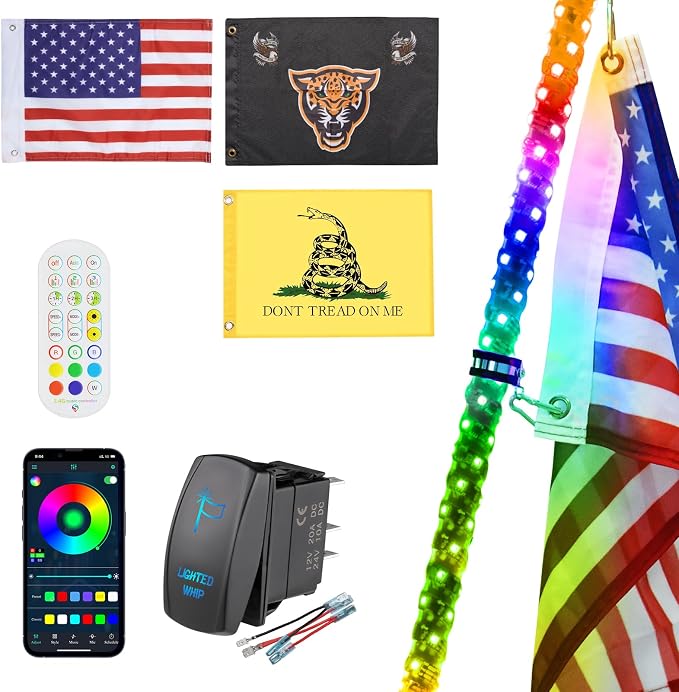 Ehaho 1 Pack 6FT Whip Lights, Whip Light with App & Remote Control, Spiral RGB Chasing Lighted Whips with Rocker Switch, Music Whip Light for UTV ATV Polaris RZR Can-Am SXS Truck