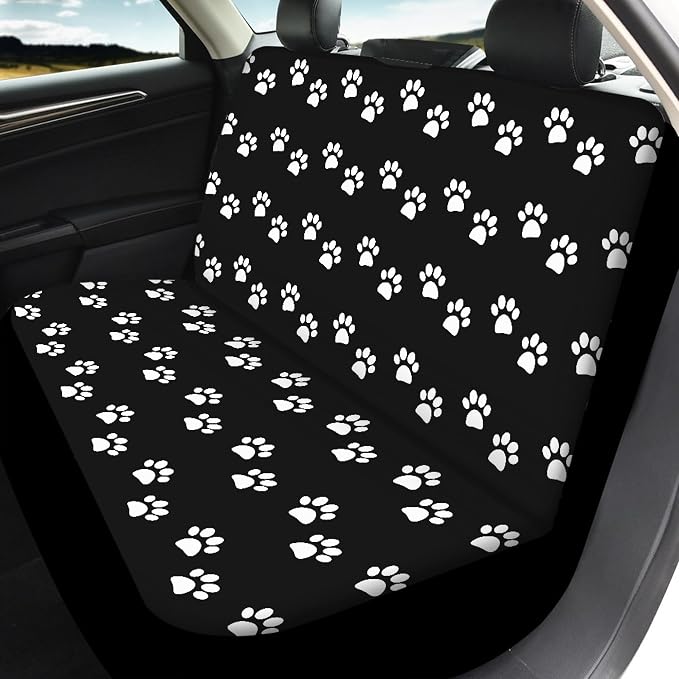 Paw Print Car Seat Covers Full Set,White Animal Pet Claws on Black Cute Animal Footprints Vehicle Front Rear Bench Cushion Protectors Auto Interior Accessories Universal Fit for Trucks Sedans