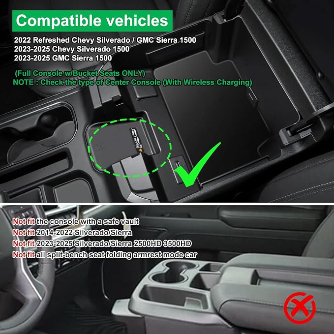 Center Console Organizer for 23-25 Chevy Silverado & GMC Sierra 1500, Refreshed 22-25 Silverado/Sierra 1500 Models, 24-25 Silverado/Sierra 2500HD 3500HD(Full Console w/Bucket Seats ONLY)