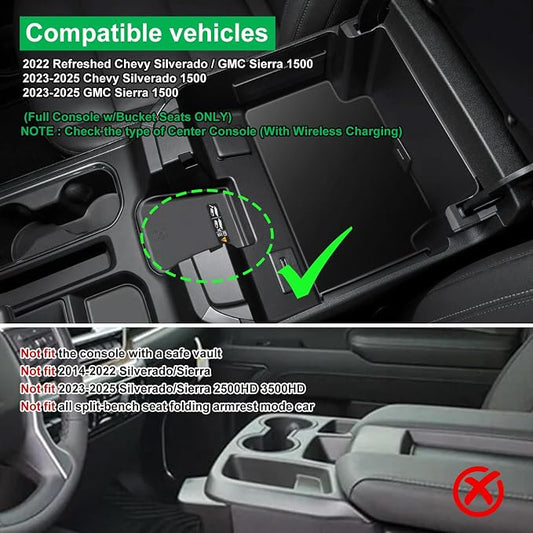 Center Console Organizer for 23-25 Chevy Silverado & GMC Sierra 1500, Refreshed 22-25 Silverado/Sierra 1500 Models, 24-25 Silverado/Sierra 2500HD 3500HD(Full Console w/Bucket Seats ONLY)