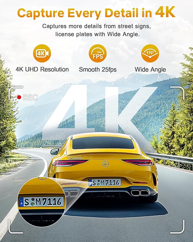 GKU 4K Dash Cam Front, Mini DashCam Includes 64GB Card, Dash Camera Built-in WiFi, 24H Parking Monitor,Night Vision,WDR,170° Wide Angle,Loop Recording,G-Sensor, (Black)