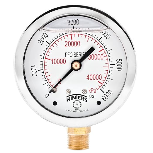 Winters 2-1/2" Dial Size, Liquid Filled Industrial Pressure Gauge, Brass Internals, Stainless Steel Case, Dual Scale 0-6,000 psi/kPa, 1.5% Acc, 1/4" NPT Bottom Mount, Glycerin Filled Pressure Gauge