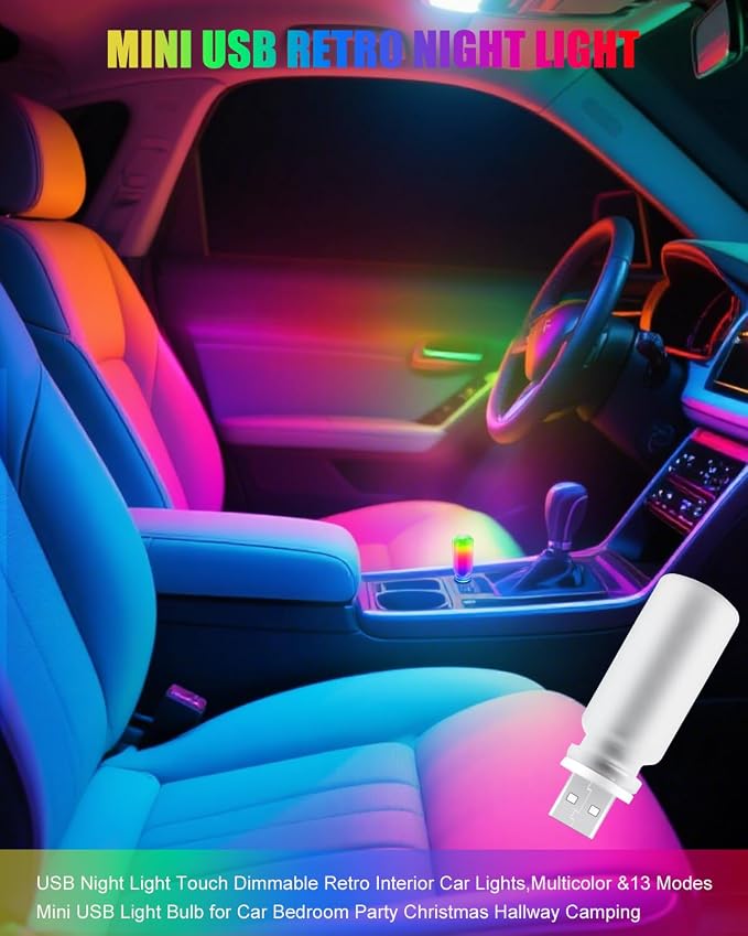 USB Light Touch Dimmable Retro Interior Car Lights,Multicolor &13 Modes Mini USB Light Bulb for Car Night Light, Bedroom,Party,Christmas Hallway,Camping, 2Pack
