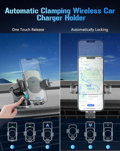 3-in-1 Wireless Car Charger Mount, 15W Fast Charging Auto-Clamping Phone Holder for iPhone 17 16 15 14, Samsung Galaxy S24 S23, Dashboard, Vent & Windshield Car Mount(Space Grey)