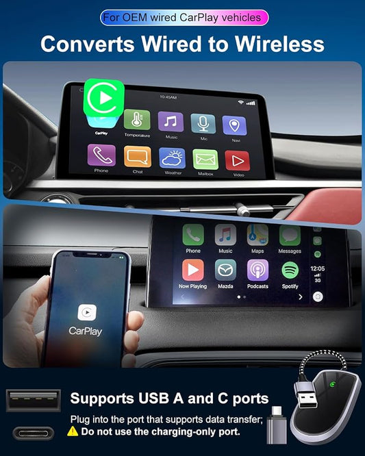 Wireless CarPlay Adapter for Apple iPhone, for Convert Wired to Wireless Car Play Adapter, USB A & C Connector, Compatible with OEM Wired CarPlay Vehicles & iOS 10+
