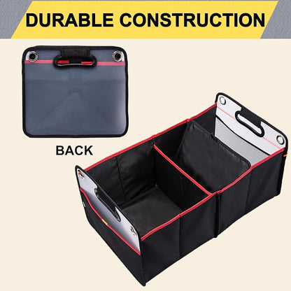 Car Trunk Organizer, Collapsible Auto Trunk Organizer Storage, Portable Grocery Cargo Container with Two Large Compartments for SUV, Vehicle, Truck, Home and Office