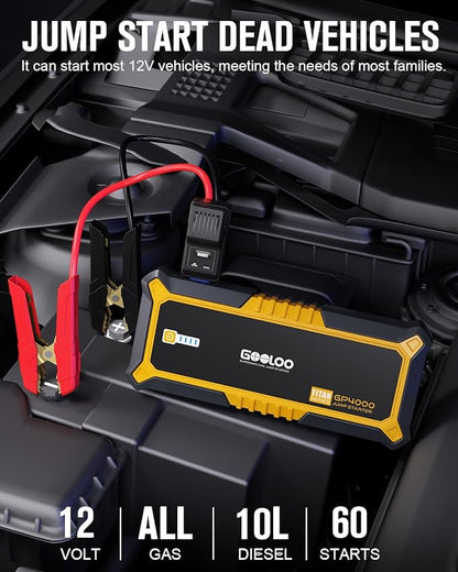 GOOLOO GP4000 Jump Starter 4000A Peak Car Starter (All Gas,up to 10.0L Diesel Engine) SuperSafe 12V Lithium Jump Box,Auto Battery Booster Pack,Portable Power Pack with USB Quick Charge and Type C Port