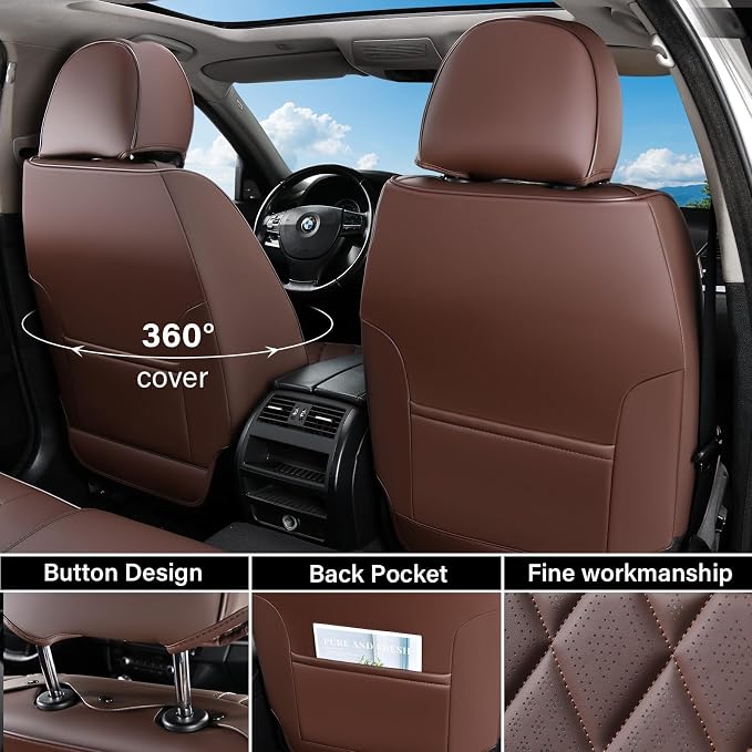 Coverado Front Seat Covers, Car Seat Covers Front Seats, Luxury Faux Leather Seat Covers for Cars, Car Seat Protector Waterproof, Automotive Driver Seat Cover Universal Fit for Most Cars, Brown