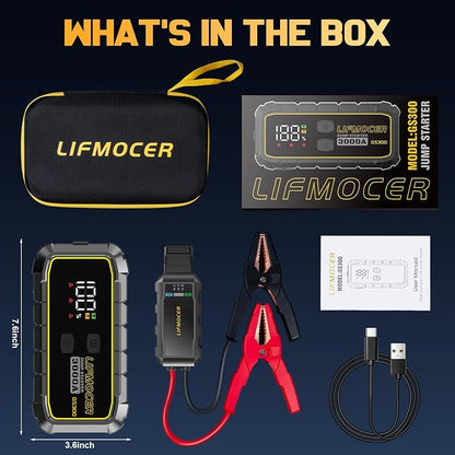 GS300 Car Jump Starter,3000A Portable Battery Jumper Starter for Up to 10.0L Gas & 8.0L Diesel Engines,59.2WH 12V Jump Box with Storage Case,USB Quick Charge,LCD Display,for Cars,Motorcycles,Trucks