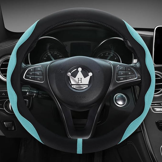 HighnessHwoo Luxury Suede Steering Wheel Cover for Cars, Soft Leather Padded Wheels Cover for Sedan, SUV, Thin Car Handle Cover, Universal Fit, Anti Slip, 14.75-15.15in, Green