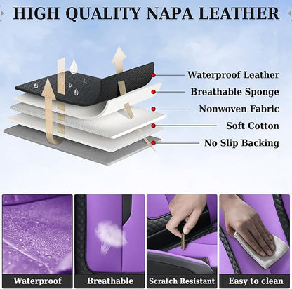 Coverado Car Seat Cover Full Set, Purple Seat Covers Front Seats Back Seat Covers, Nappa Leather Waterproof, Car Seat Cushion, Car Seat Protector Universal Fit Most Cars