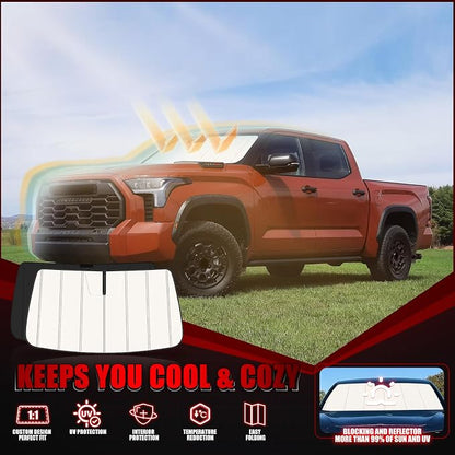 Windshield Sun Shade for Toyota Tundra 2022-2026, Front Window Visor Accessories, Folding Design Blocks Heat & UV Rays Maintain Cool Interior and Save Space