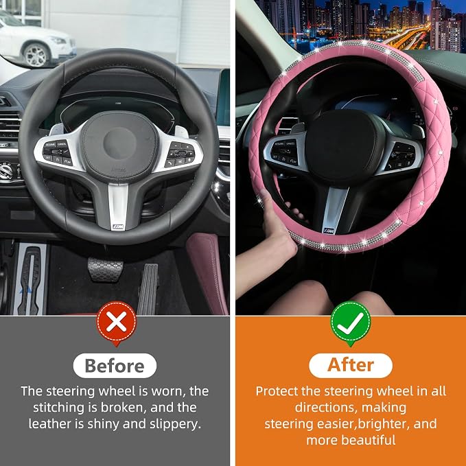 Diamond Steering Wheel Cover，14.5-15 Inch Car Steering Wheel Cover with Bling Crystal Rhinestone，Delicate and Anti-Slip Sparkly Car Wheel Protector for Women Girl，Pink