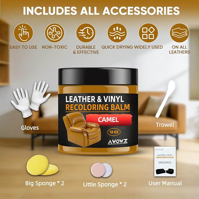 Leather Recoloring Balm - Scratch Repair & Color Restore Kit for Faded Leather, Leather Couch & Car Seats - 10OZ Leather Restorer Balm for Furniture, Auto Interior, Vinyl, Accessories (Camel)
