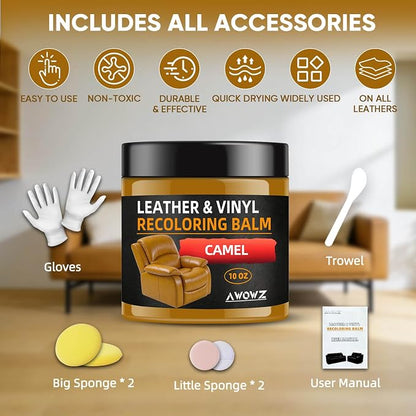 Leather Recoloring Balm - Scratch Repair & Color Restore Kit for Faded Leather, Leather Couch & Car Seats - 10OZ Leather Restorer Balm for Furniture, Auto Interior, Vinyl, Accessories (Camel)