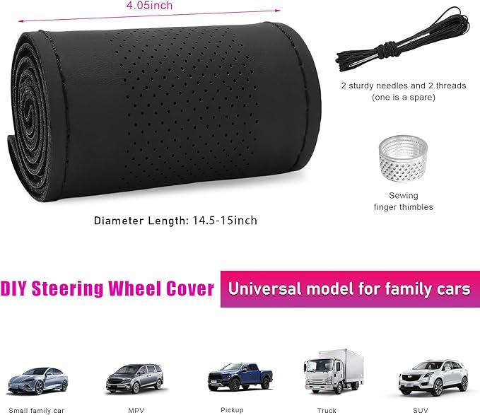 Ziciner Genuine Leather Steering Wheel Cover, Stitch on Wrap, Breathable Anti-Slip Car Steering Wheel Protector for Max Diameter 15 Inch, DIY Sewing with Needles Thread (Black, Middle Hole)