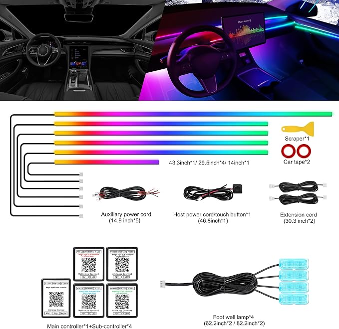 Dreamcolor Acrylic Interior Car LED Strip Light with Wireless APP, RGB 10 in 1 with 175 inches 612 LEDs Fiber Optic Strip Lights for Car, Dual Zone Symphony Neon Car Ambient Lighting