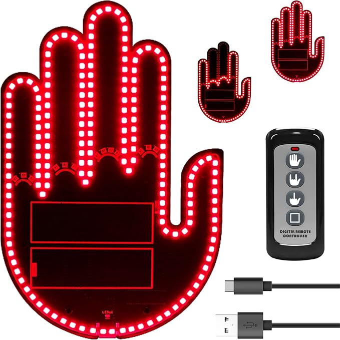 DIBMS Car Gesture Decorative Lights, Ambient Lighting, Rechargeable LED Gesture Lights for Car Road Rage LED Signs Calm Road Rage, Remote Control Triple Mode Fun Finger Lights (Red)