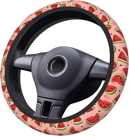 Cute Watermelon Steering Wheel Cover for Women,Universal Auto Steering Wheel 14-15 Inch Car Interior Accessories with 2PCS Car Coasters,Suitable for Men and Women