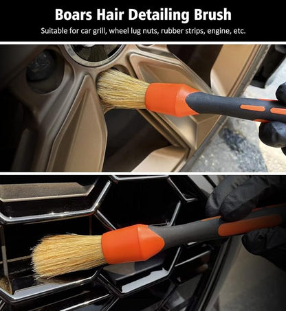 YeewayVeh 3pcs Car Detailing Brush Set, Boars Hair Detailing Brushes, Ultra Soft Detail Brush for Air Vent Leather Seat, Scratch Free Car Detailing Brushes for Interior Exterior, Orange