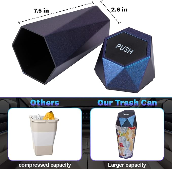 BFXM Car Trash Can, Car Trash Bin with Lid, Car Accessories for Women Interior, Car Garbage Can with Additional 2 ABS Hooks and 60pcs Trash Bags, Suitable for Home, Office, Car Organizer, Blue Purple