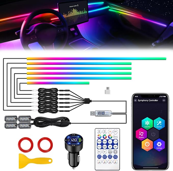 Dreamcolor Acrylic Interior Car LED Strip Light with USB/Type C/4-Port USB Cigarette Lighter,RGB 10 in 1 with 175 inches 650 LEDs Ambient Lighting Kits, Sound Active Function Neon Led Strips for Car