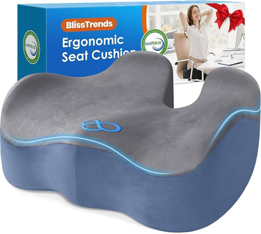 BlissTrends Extra Thick Seat Cushion for Office Chair & Car Seat, Grey&Blue | Tailbone & Sciatica Relief, Ergonomic Support, High-Density Memory Foam, Comfort for Extended Sitting