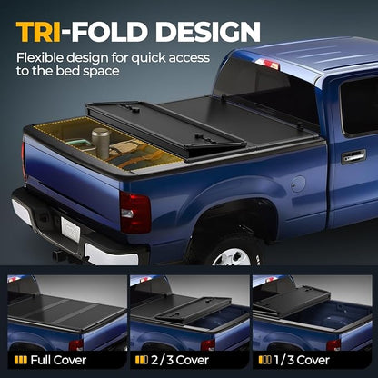 Auto Dynasty FRP Hard Tri-Fold Truck Bed Tonneau Cover Compatible with 2007-2014 Chevy Silverado GMC Sierra 1500 2500HD 3500HD 6.5Ft Fleetside Bed, Black Powdercoated