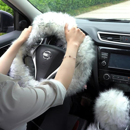Fuzzy Genuine Sheepskin Steering Wheel Cover Set for Women Parents-Fluffy Soft Australian Merino Wool Wrap with Gear Shift and Hand Brake Covers, Cozy Stylish Luxury Car Accessories (Hot Pink)