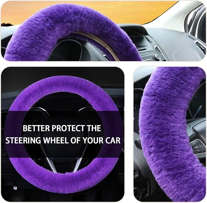 Ziciner Fuzzy Steering Wheel Cover, 15 inch Soft Wool Fur Steering Wheel Protector, Fluffy Wheel Covers for Winter Warm, Car Interior Decoration Accessories for Women Men (Purple)