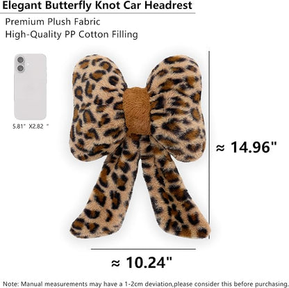 Car Neck Pillow 2PCS Plush Bowknot Car Headrest Pillow – Comfortable Neck Support for Driving Soft Touch Fabric Car Pillow Cute Interior Decor (Leopard)