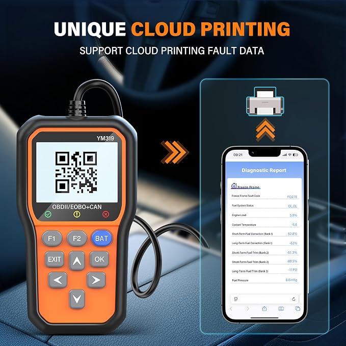 BluSon YM319 OBD2 Scanner Diagnostic Tool with Battery Tester, Check Engine Fault Code Reader with Live Data, Cloud Printing, DTC Lookup, Freeze Frame, Scan Tool for All OBDII Protocol Cars Since 1996