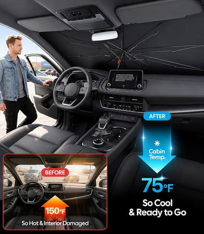 Wigoo Windshield Sun Shade Umbrella for Nissan Rogue 2008-2025 [100% Sun Blockage, Ice Cooling Fabric] Foldable Heat Insulation Front Window Sunshade Umbrella for Nissan Rogue 2008-2025