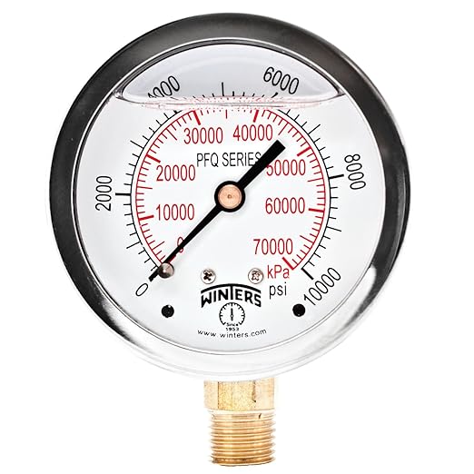 Winters 2-1/2" Dial Size, Liquid Filled Industrial Pressure Gauge, Brass Internals, Stainless Steel Case, Dual Scale 0-10,000 psi/kPa, 1.5% Acc, 1/4" NPT Bottom Mount, Glycerin Filled Pressure Gauge