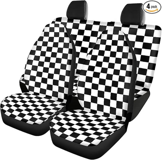 Checkered Car Seat Covers Full Set,Geometric Plaid Pattern Black White Car Racing Sports Chessboard Vehicle Front Rear Bench Cushion Protectors Auto Interior Accessories Universal for Trucks
