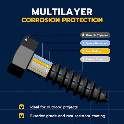 3/8 x 6 (50 Pack) Lag Screw Kit, 50 Screws and 50 Washers, Ceramic Black Ruspert Coating for Exterior Use, Meets ASTM A307 and ASME B18.2.1, Industrial/Commerical Grade by Makers Bolt
