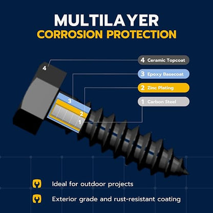 3/8 x 2 (50 Pack) Lag Screw Kit, 50 Screws and 50 Washers, Ceramic Black Ruspert Coating for Exterior Use, Meets ASTM A307 and ASME B18.2.1, Industrial/Commerical Grade by Makers Bolt