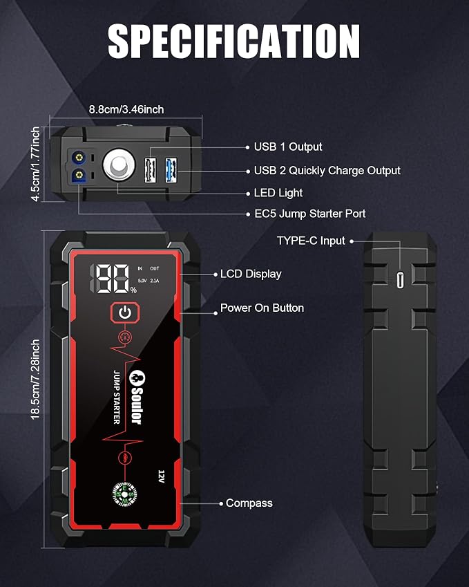 Jump Starter, Car Battery Jumper Starter Portable, Jump Box Battery Booster with 3 Modes Flashlight, Jumper Cables with Gloves