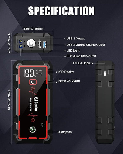 Jump Starter, Car Battery Jumper Starter Portable, Jump Box Battery Booster with 3 Modes Flashlight, Jumper Cables with Gloves