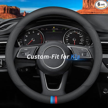 Deer Route Custom-Fit for Kia Steering Wheel Cover, Premium Leather Car Steering Wheel Cover with Logo, Non-Slip, Breathable, for