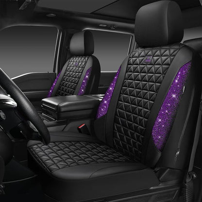 CAR PASS Bling Diamond Leather Car Seat Covers Full Seats Interior Sets, Waterproof Shining Glitter Sparkly Crystal Universal Armrest Fit Automotive Truck SUV Cute Women Girl, Black Purple Rhinestone