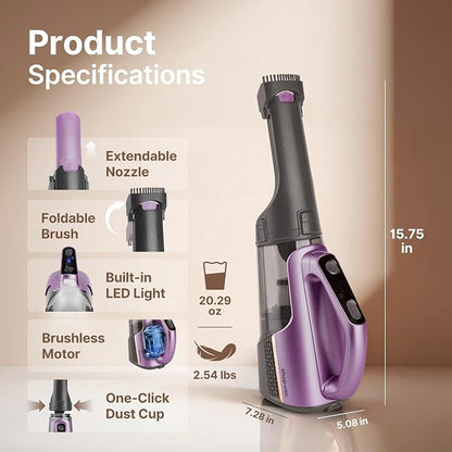 Shop-Vac S4 20V Handheld Vacuum Cordless with Brushless Motor, Rotatable Nozzle, Dual-Speed Powerful 16000 Pa Suction Portable Vacuum for Home & Pet Hair, Wall-Mounted, LED Light, Purple