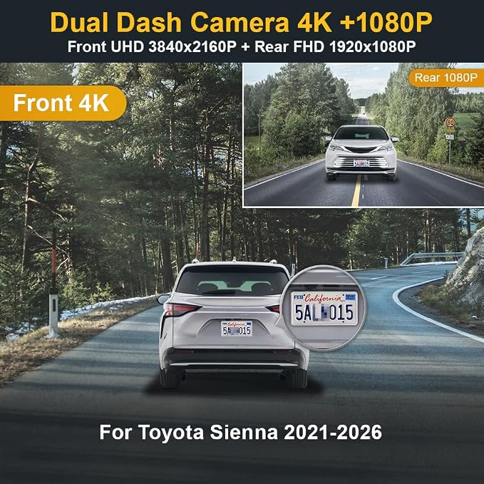 Fitcamx Front 2160P+Rear 1080P Dash Cam for 2021-2026 Toyota Sienna LE Limited XLE Platinum XSE (XL40), OEM Factory Look, Dual HD Video, WiFi & APP, Loop Recording, G-Sensor, Easy to Use, 128GB Card
