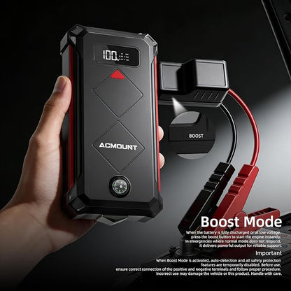 Acmount P100 Car Jump Starter, 5000A Peak Lithium Jump Starter Battery Pack for Up to 10.0L Gas or 8.0L Diesel Engine, Safe 12V Portable Battery Starter Power Pack with LED Screen & LED Light