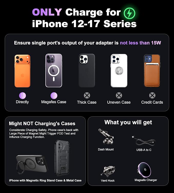 for MagSafe Car Mount Charger Dash Vent Windshield Wireless Car Charger with LED Light, Magnetic Phone Holder for Car for iPhone 17 16 15 14 13 12 Series, Fit MagSafe Accessories (Purple)