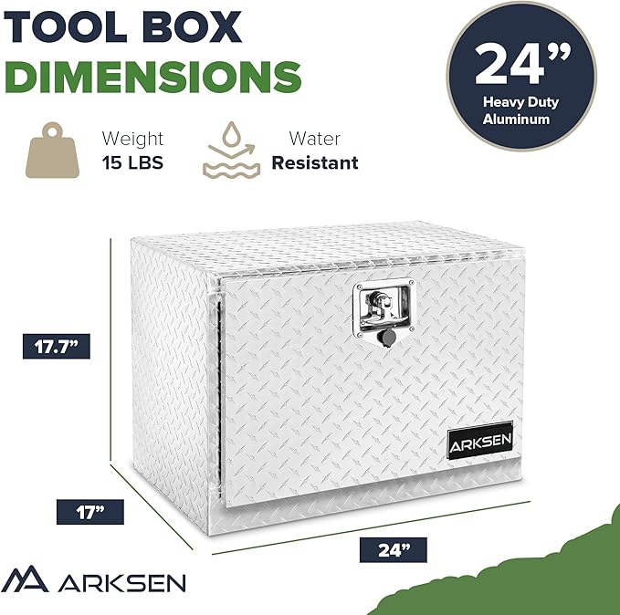 ARKSEN 24 x 17 x 18 Inch Underbody Tool Box, Heavy Duty Aluminum Diamond Plate Waterproof Square Storage Organizer Chest with T-Handle Lock & Keys for Pickup Truck, RV & Trailer – Silver