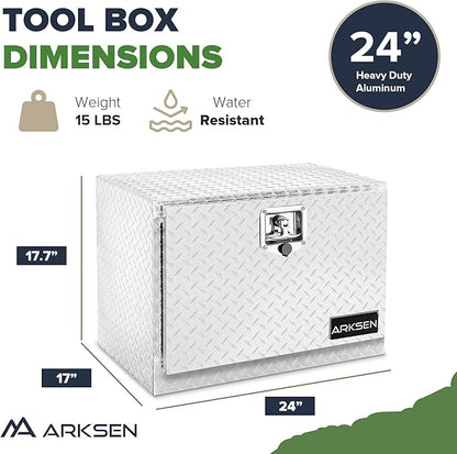 ARKSEN 24 x 17 x 18 Inch Underbody Tool Box, Heavy Duty Aluminum Diamond Plate Waterproof Square Storage Organizer Chest with T-Handle Lock & Keys for Pickup Truck, RV & Trailer – Silver