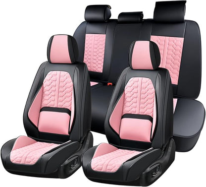 Huidasource Leather Seat Covers Full Set, Front and Rear Car Seat Covers, Full Wrap Automotive Car Seat Cushion Covers Protector Nappa Leather Fit for Most Cars SUV Trucks, Black & Pink