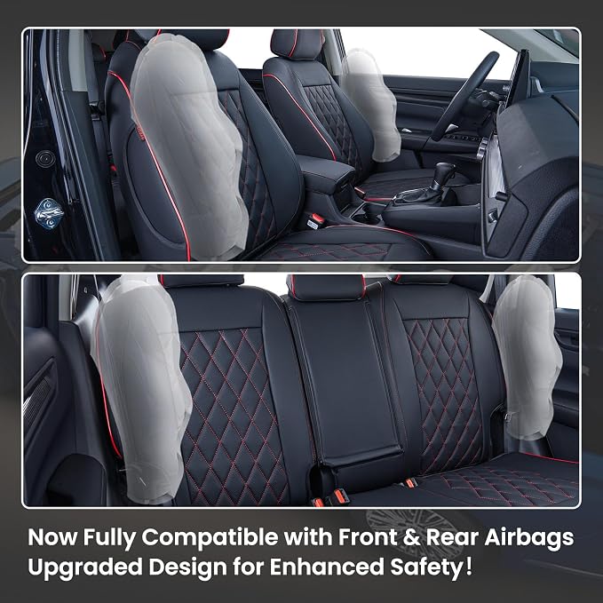 EKR CRV Seat Covers Custom Fit for Honda CRV 2023 2024 2025 2026 Leather Car Seat Cover Full Set for Trucks SUV,Waterproof Car Seat Cushion,Faux Leather (Black with Red Piping)